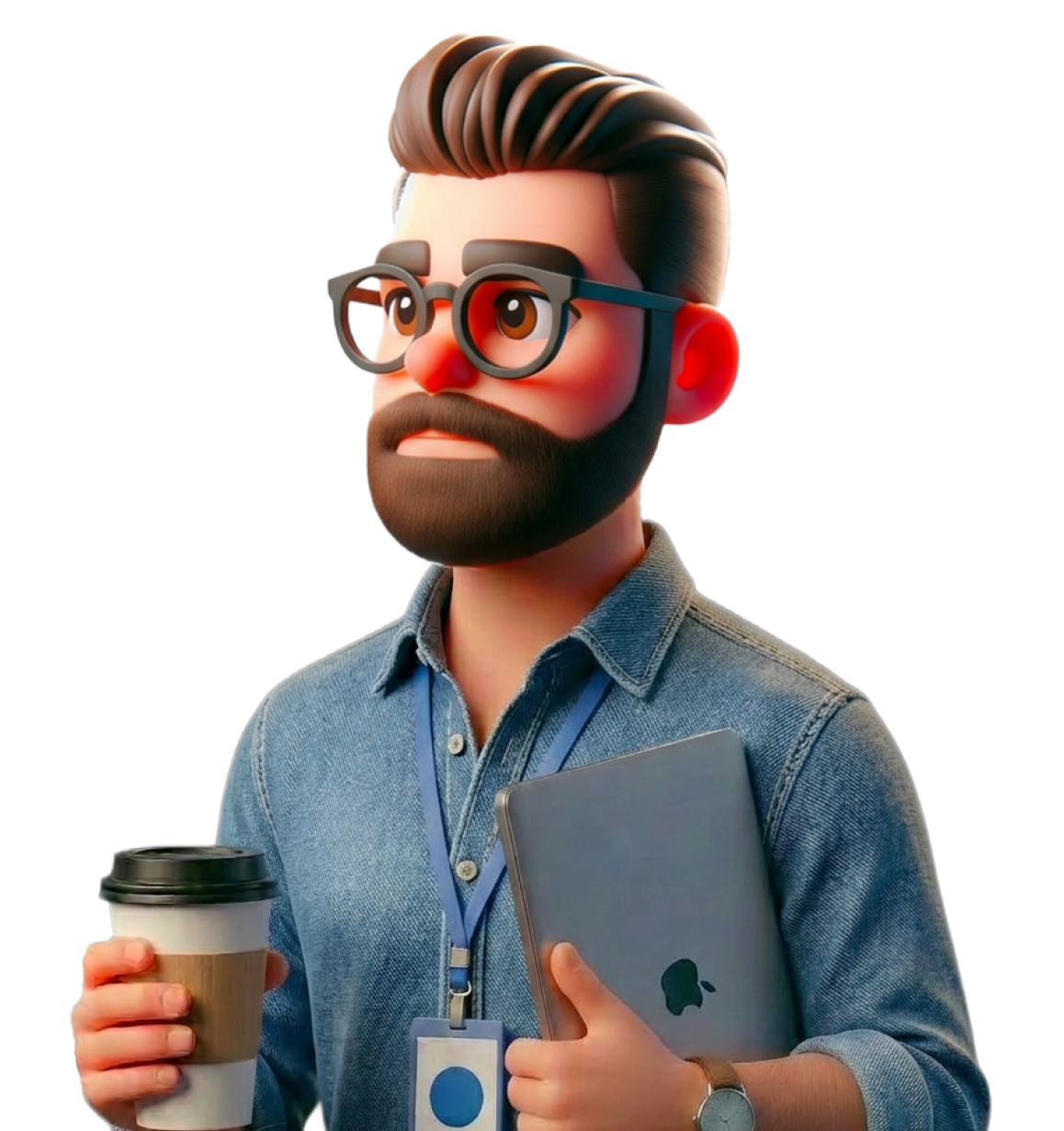 Illustrated avatar of Rob as a product designer, holding a laptop and coffee