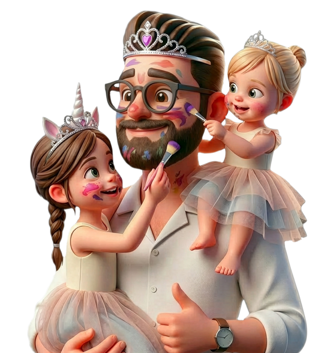 Illustrated avatar of Rob as a girl dad, holding his two daughters