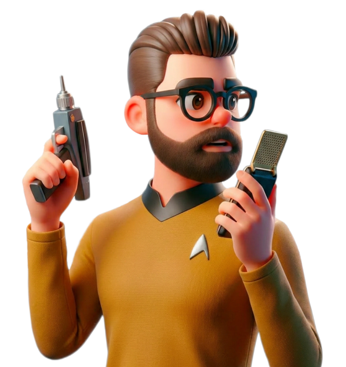 Illustrated avatar of Rob as a sci-fi nerd, holding a ray gun and communicator