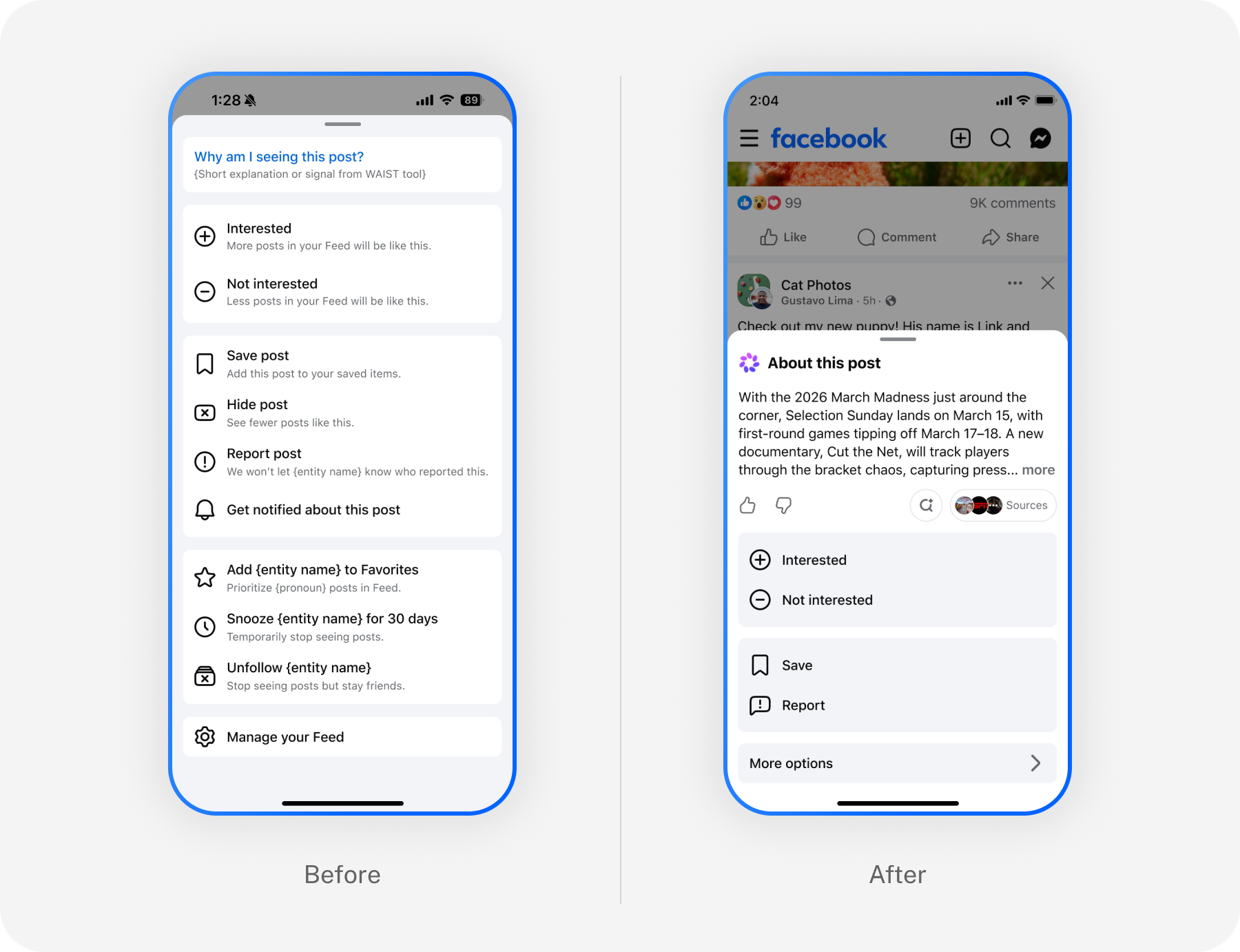 Original post overflow menu next to the simplified overflow menu with a concise set of top-level controls