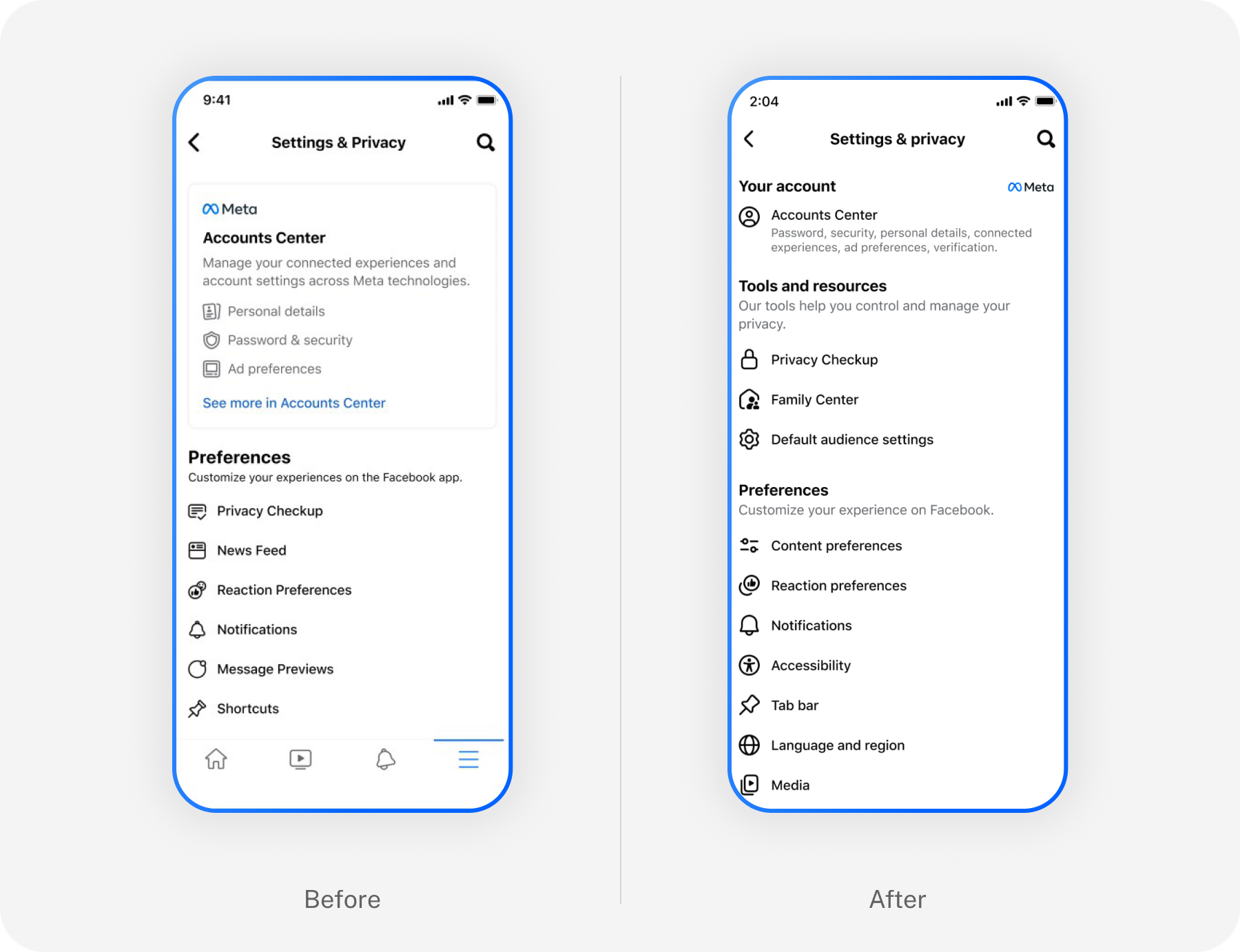 Before and after comparison of the Facebook Settings and Privacy screen, showing a long unstructured list simplified into grouped, scannable sections