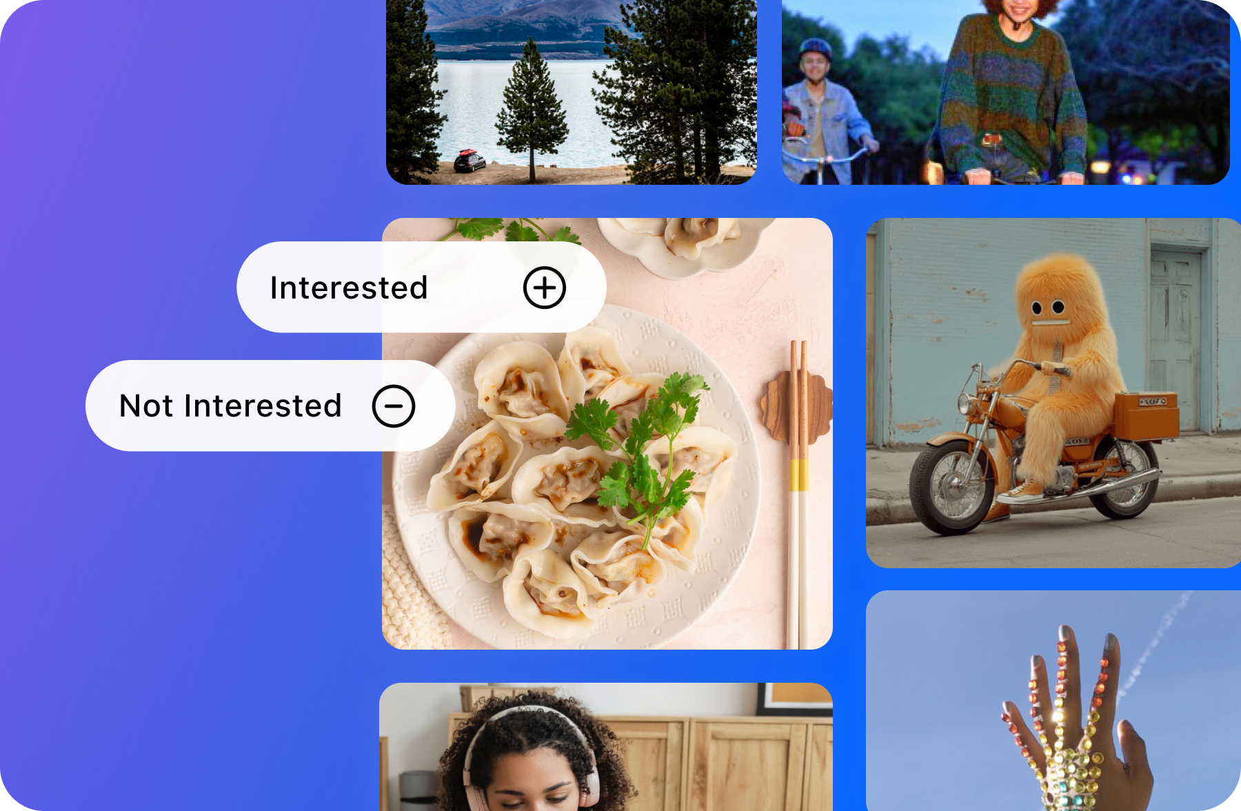 An Instagram-style feed grid with a 'Not interested' control tooltip overlaid on a post