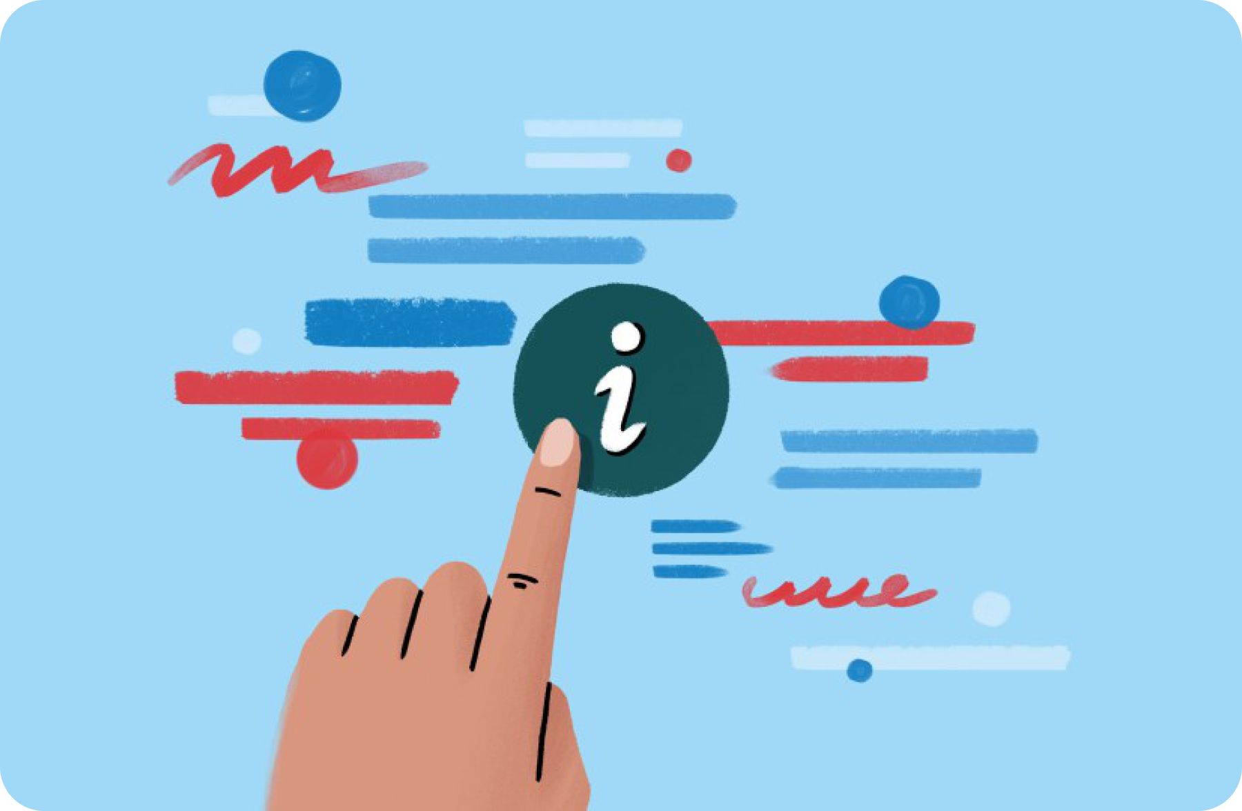 Illustration of a hand tapping an information icon surrounded by abstract feed content bars