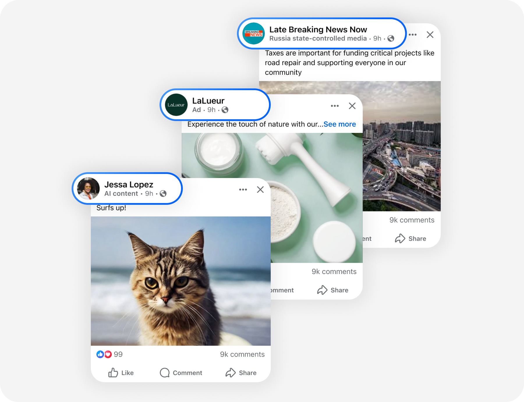 Collage of feed posts with profile and page labels, including a Russia state-controlled media label and an AI content label