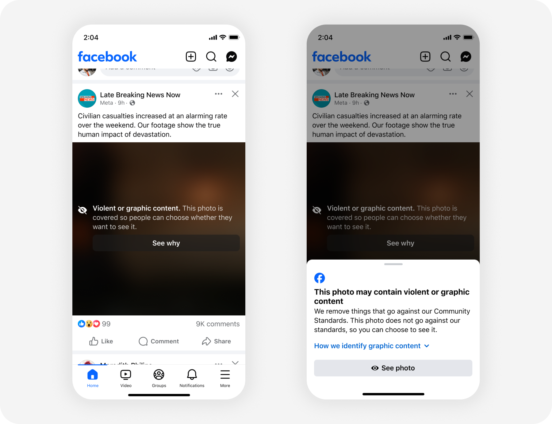 Feed post covered by a Violent or graphic content warning next to the sensitive content interstitial