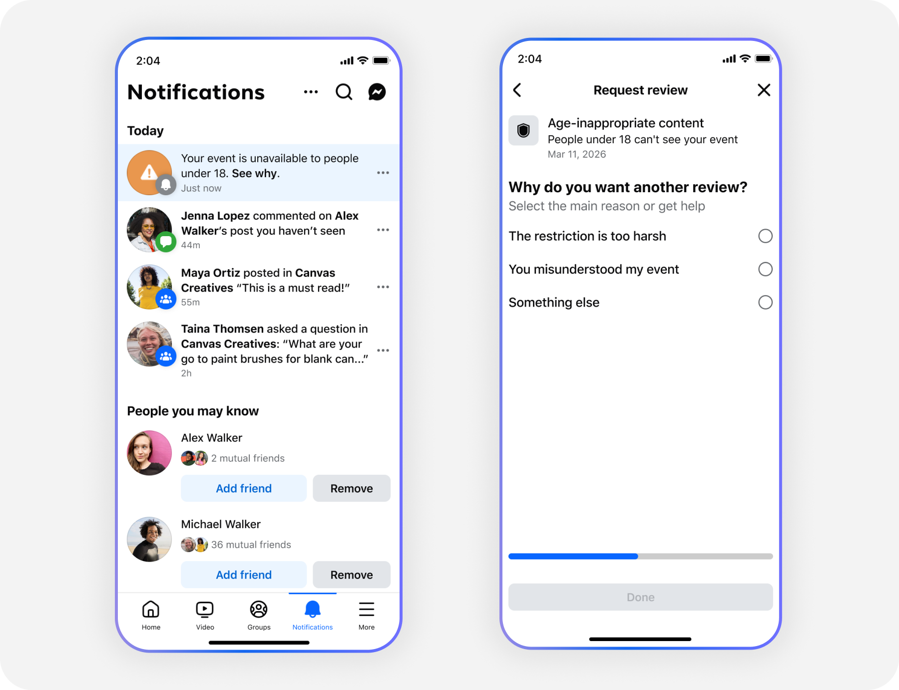 Notification explaining an event is unavailable to people under 18, next to a request review flow for the decision