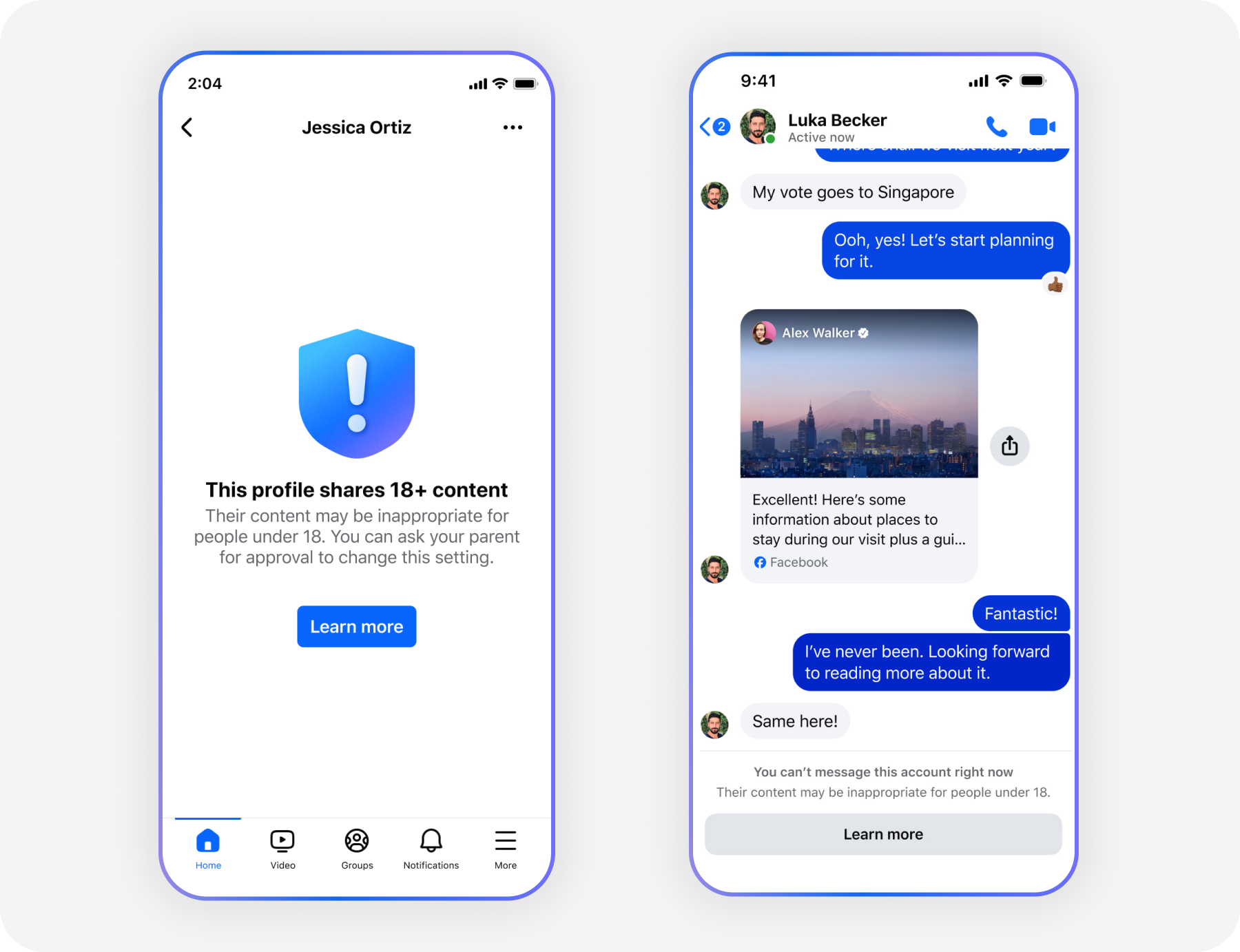 A profile warning that this profile shares 18+ content, next to a Messenger conversation blocked with the same account