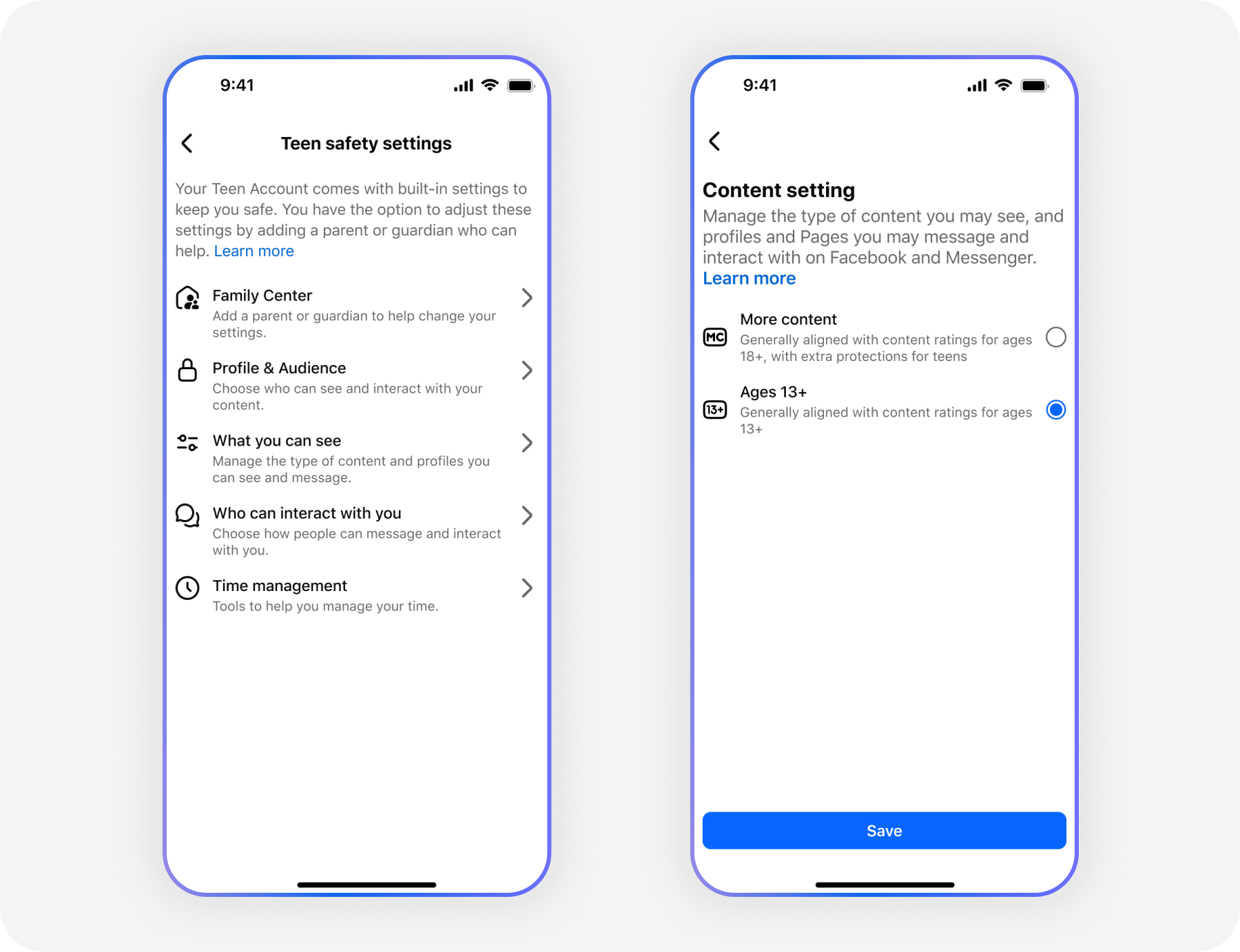 Teen safety settings menu next to the new Content setting screen with Ages 13+ selected