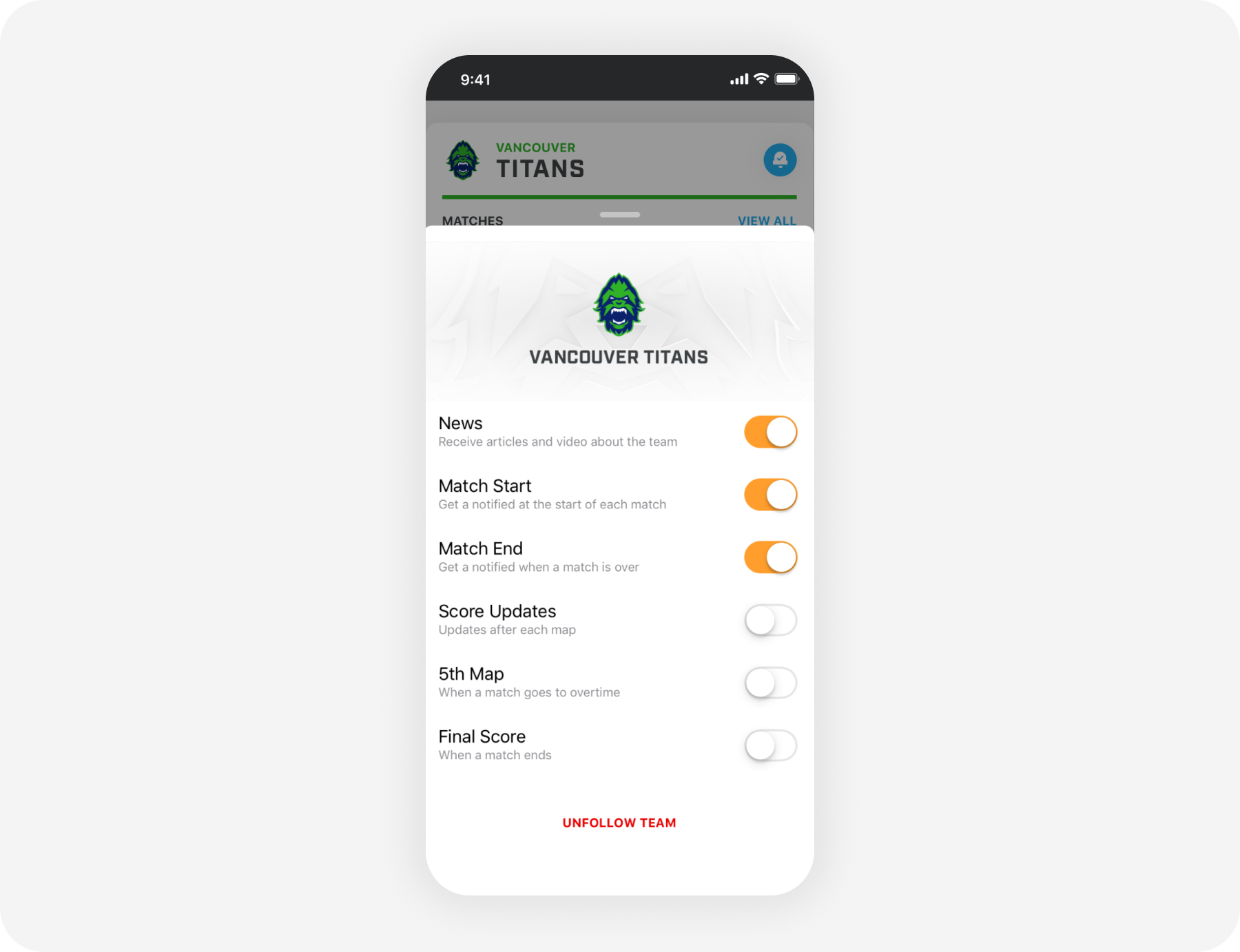 Team follow settings screen for the Vancouver Titans with notification toggles for news, match start, match end, and score updates
