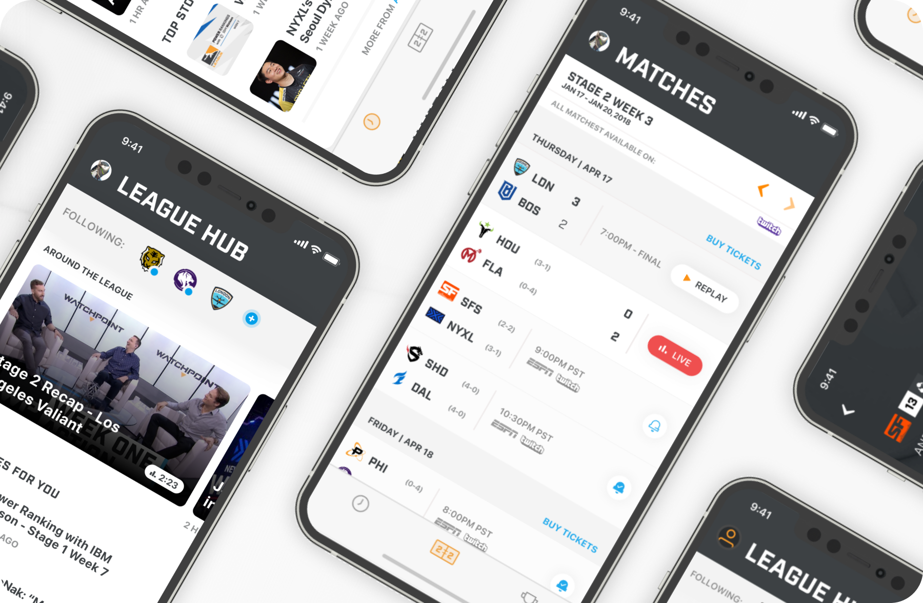 Overwatch League companion app League Hub screen showing followed teams and top stories from around the league