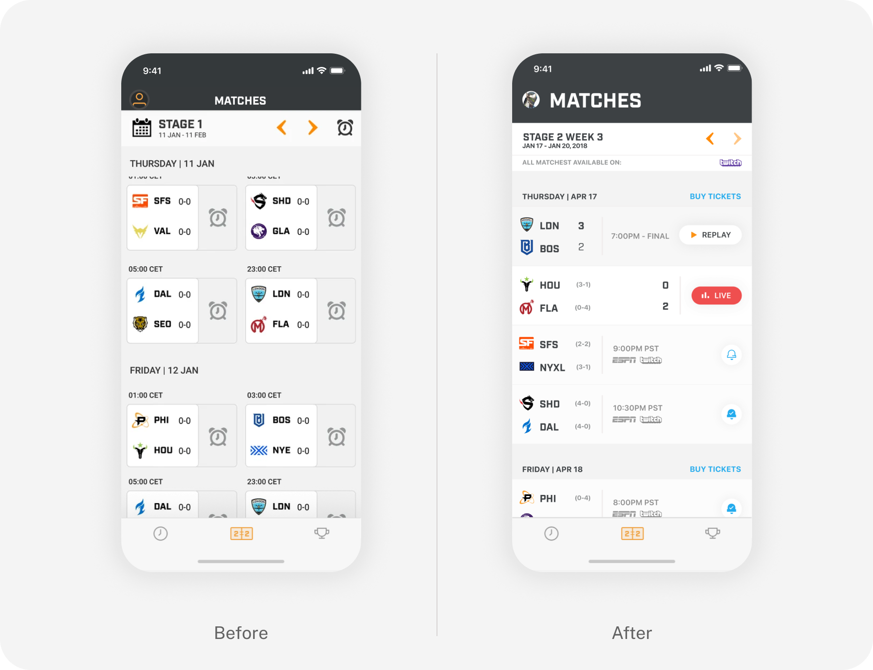 Before and after comparison of the OWL schedule screen, redesigned to make match times and where to watch easier to find